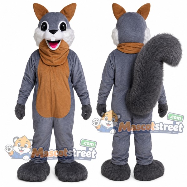 Gray Squirrel Mascot Costume with Brown Scarf
