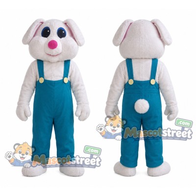 White Lop Eared Rabbit Mascot Costume with Teal Overalls White Lop Eared Rabbit Mascot Costume with Teal Overalls