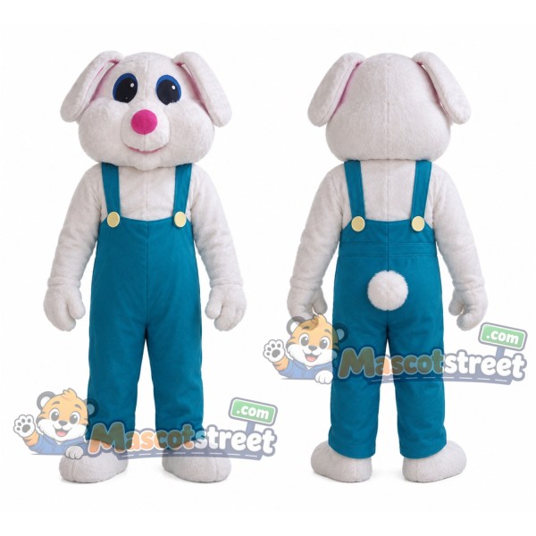 White Lop Eared Rabbit Mascot Costume with Teal Overalls