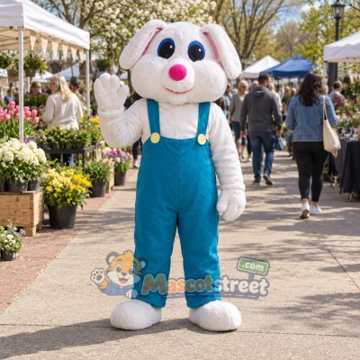 White Lop Eared Rabbit Mascot Costume with Teal Overalls White Lop Eared Rabbit Mascot Costume with Teal Overalls