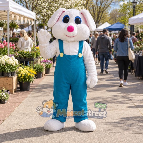 White Lop Eared Rabbit Mascot Costume with Teal Overalls
