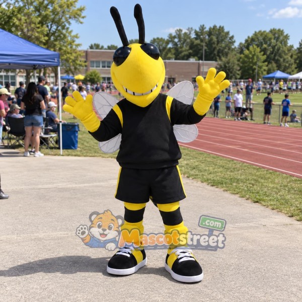 Yellow and Black Bee Mascot Costume with Black Sports Uniform