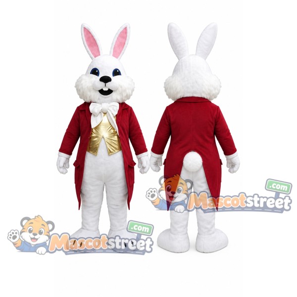 White Rabbit Mascot Costume with Red Tailcoat and Gold Vest