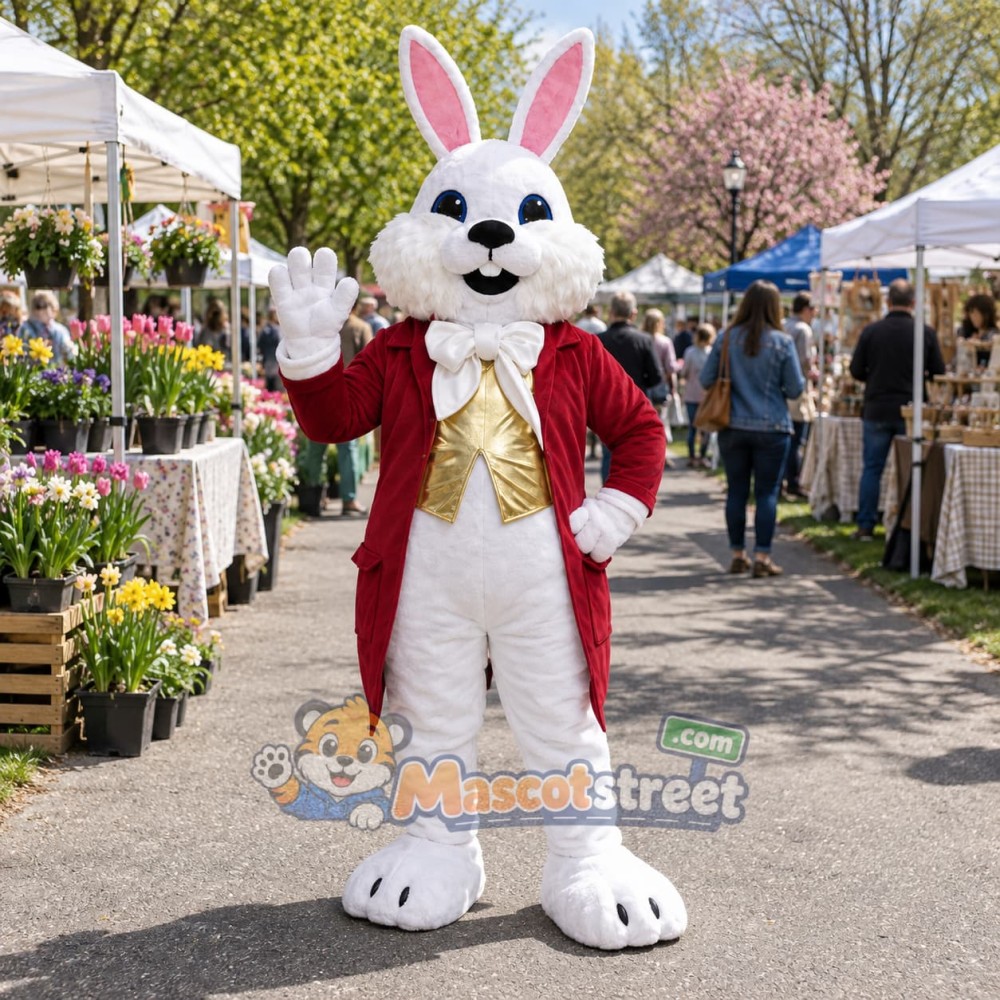 White Rabbit Mascot Costume with Red Tailcoat and Gold Vest White Rabbit Mascot Costume with Red Tailcoat and Gold Vest