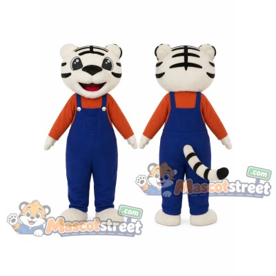 White Tiger Mascot Costume with Orange Shirt and Blue Overalls