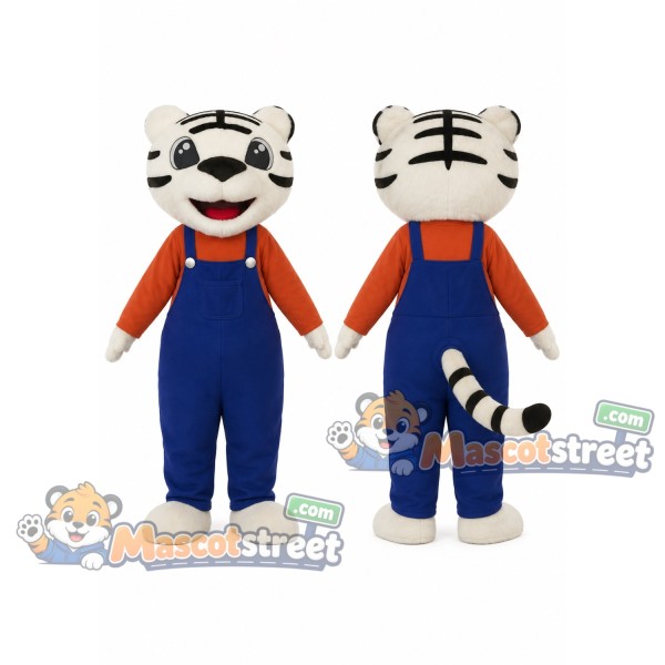 White Tiger Mascot Costume with Orange Shirt and Blue Overalls