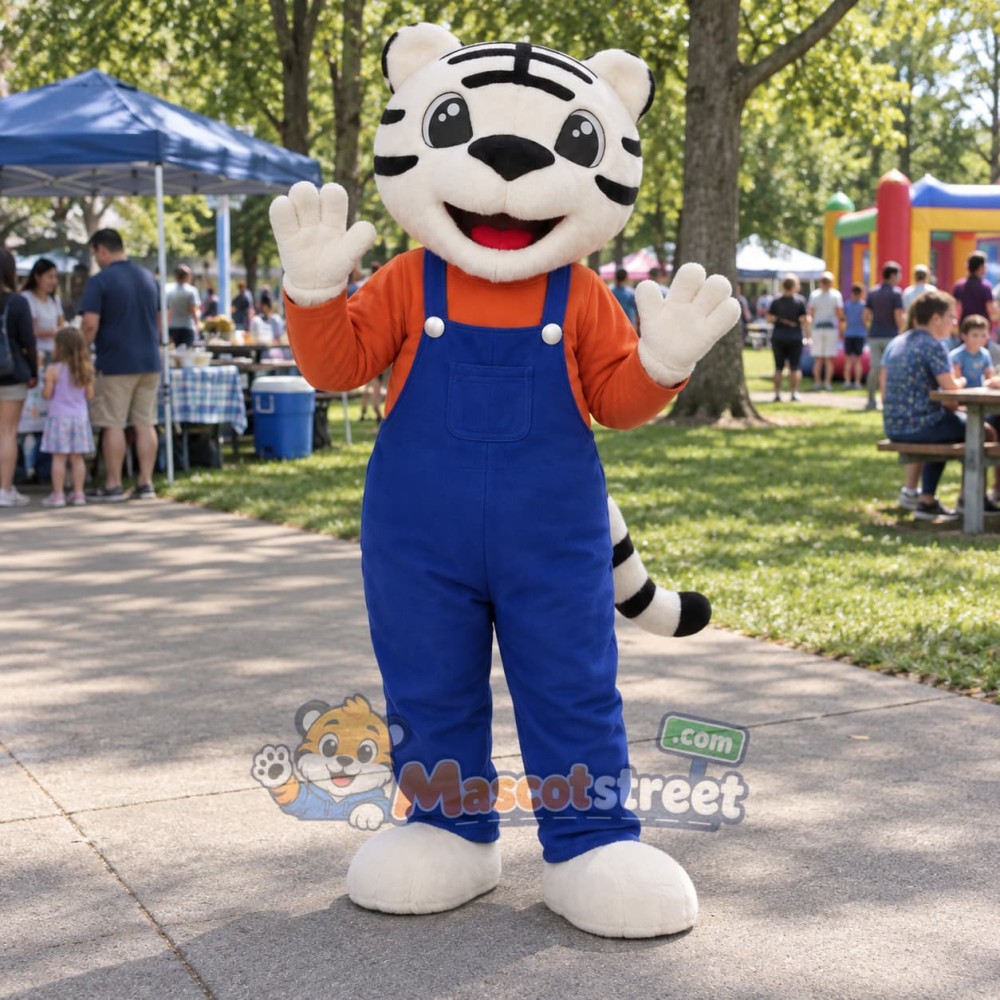 White Tiger Mascot Costume with Orange Shirt and Blue Overalls