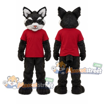Black and White Wildcat Mascot Costume with Red Shirt Black and White Wildcat Mascot Costume with Red Shirt