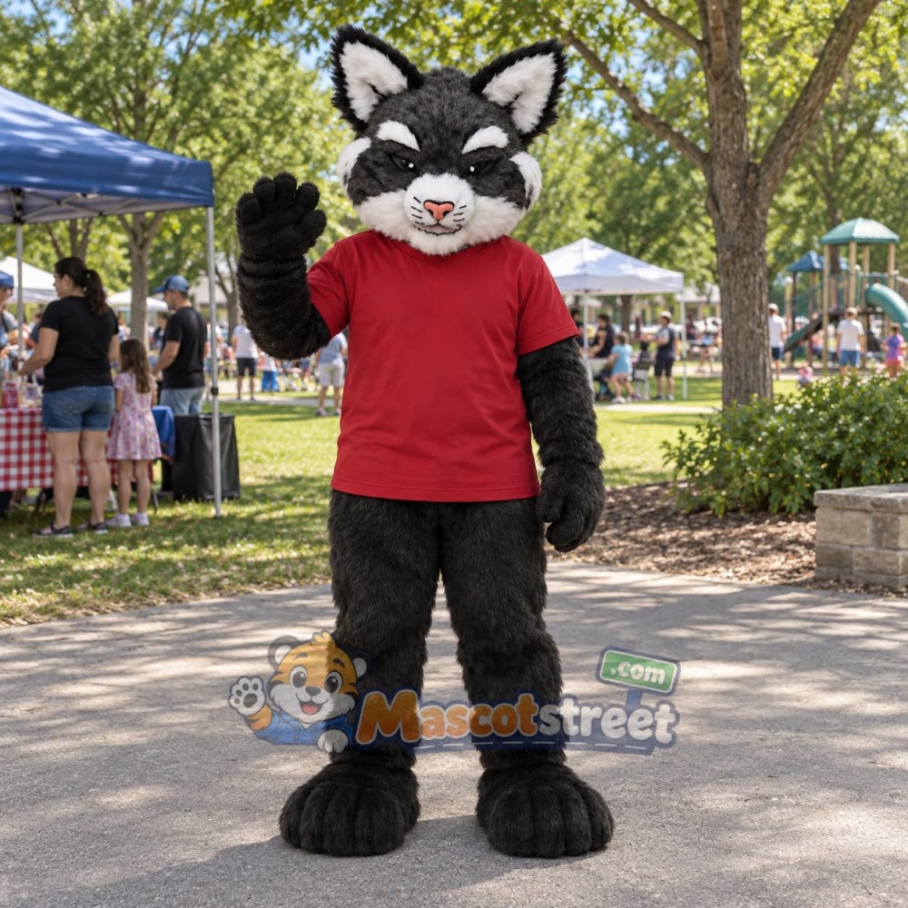 Black and White Wildcat Mascot Costume with Red Shirt Black and White Wildcat Mascot Costume with Red Shirt