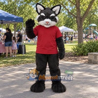 Black and White Wildcat Mascot Costume with Red Shirt Black and White Wildcat Mascot Costume with Red Shirt