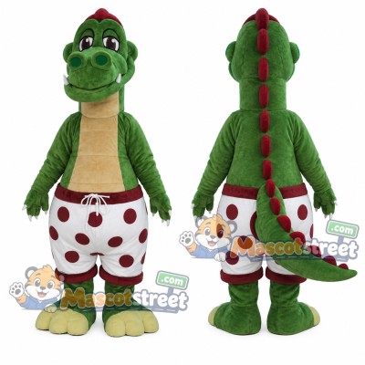 Green Dinosaur Mascot Costume with White Polka Dot Shorts