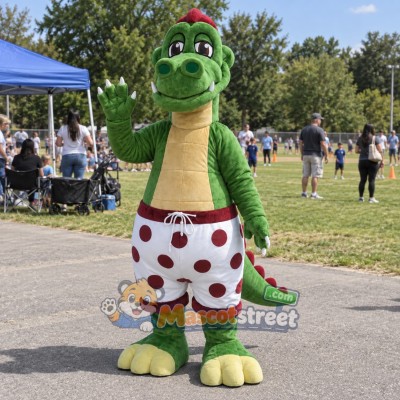 Green Dinosaur Mascot Costume with White Polka Dot Shorts