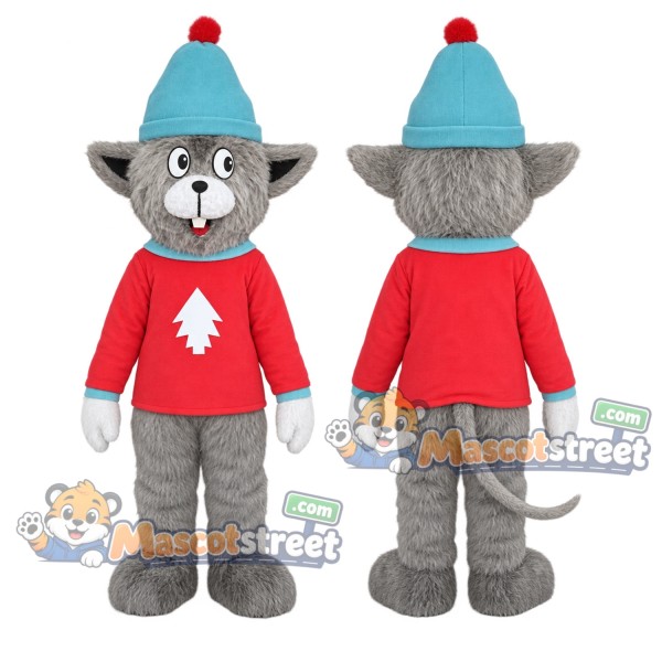 Gray Mouse Mascot Costume with Red Christmas Sweater and Teal Knit Hat