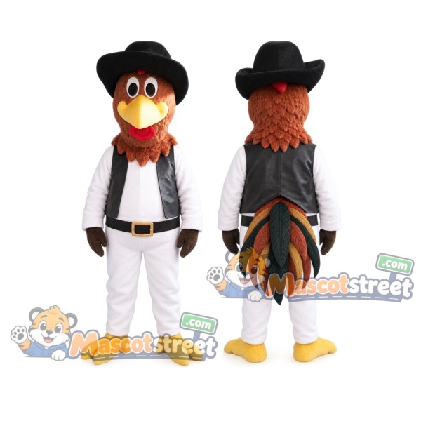 Brown Rooster Mascot Costume with White Suit, Black Vest and Black Hat