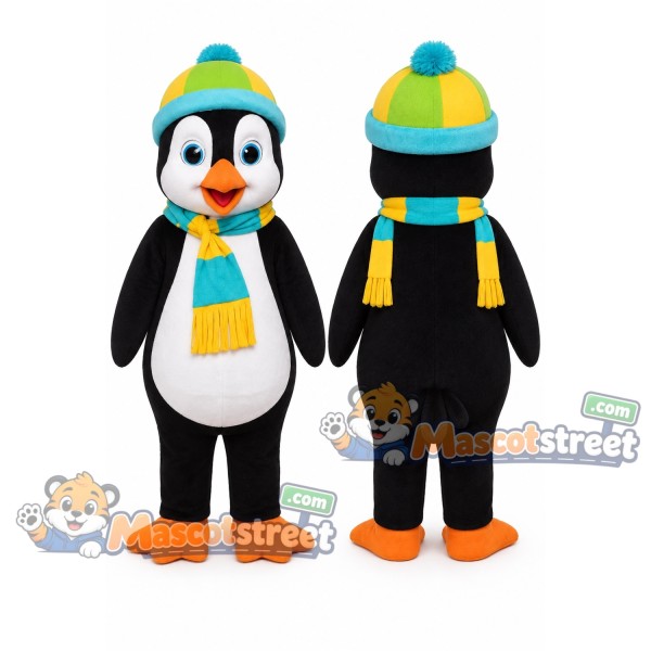 Black and White Penguin Mascot Costume with Teal Hat and Yellow Scarf