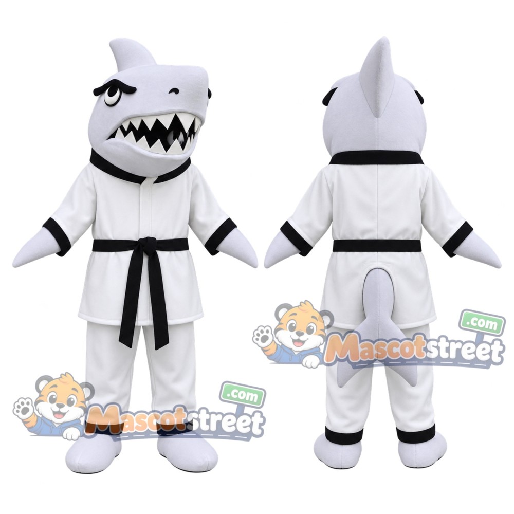 Gray Shark Mascot Costume with White Martial Arts Uniform and Black Belt Gray Shark Mascot Costume with White Martial Arts Uniform and Black Belt