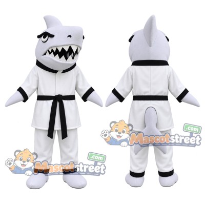 Gray Shark Mascot Costume with White Martial Arts Uniform and Black Belt Gray Shark Mascot Costume with White Martial Arts Uniform and Black Belt