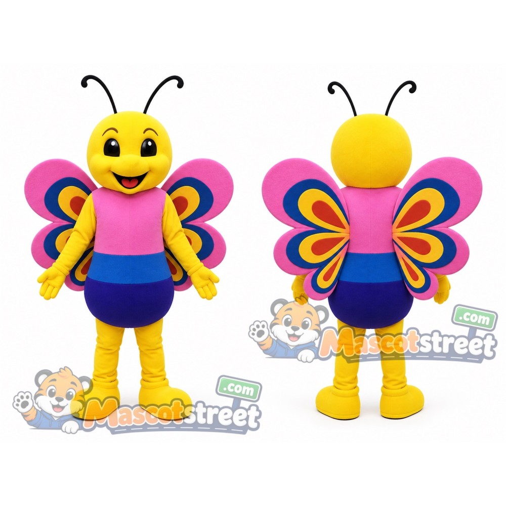 Yellow Butterfly Mascot Costume with Pink Shirt and Blue Shorts