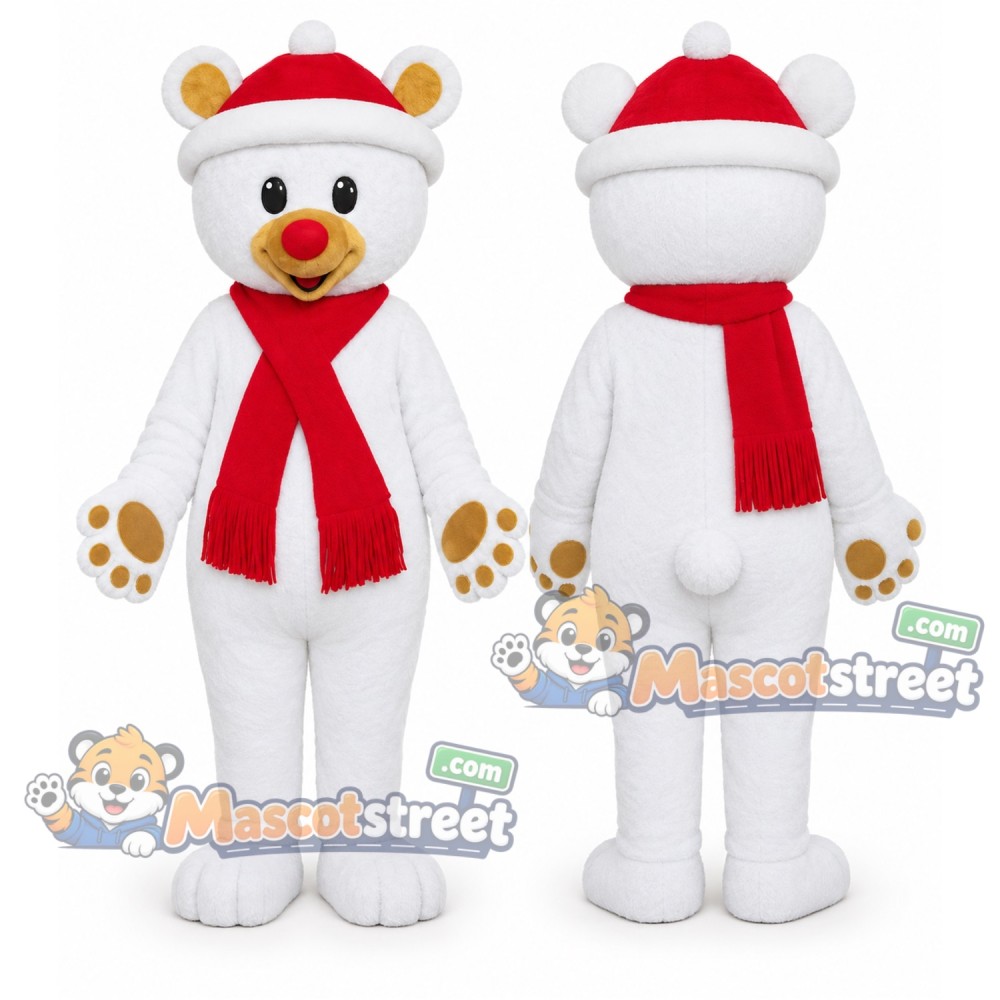 White Polar Bear Mascot Costume with Santa Hat and Red Scarf White Polar Bear Mascot Costume with Santa Hat and Red Scarf