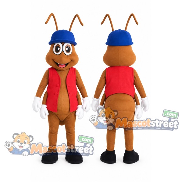 Brown Ant Mascot Costume with Red Vest and Blue Cap