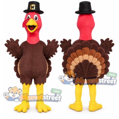 Brown Turkey Mascot Costume with Black Pilgrim Hat