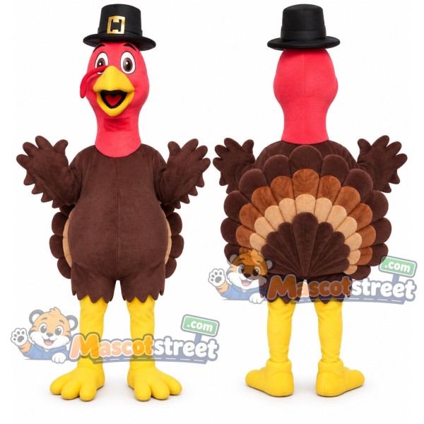 Brown Turkey Mascot Costume with Black Pilgrim Hat