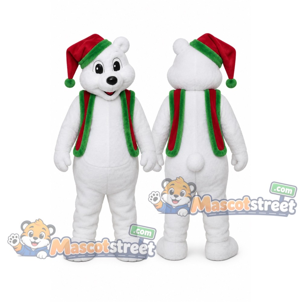 White Polar Bear Mascot Costume with Red Santa Hat and Christmas Scarf