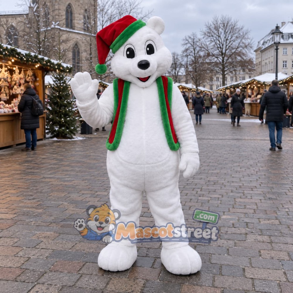 White Polar Bear Mascot Costume with Red Santa Hat and Christmas Scarf