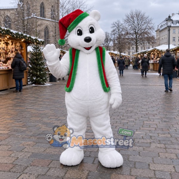 White Polar Bear Mascot Costume with Red Santa Hat and Christmas Scarf