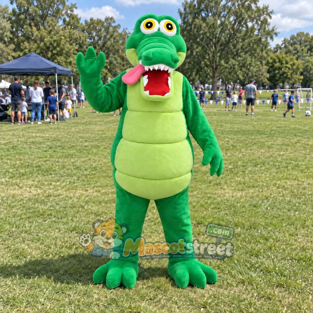 Green Alligator Mascot Costume with Red Bow Tie Green Alligator Mascot Costume with Red Bow Tie