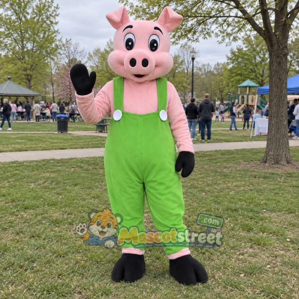 Pink Pig Mascot Costume with Green Overalls