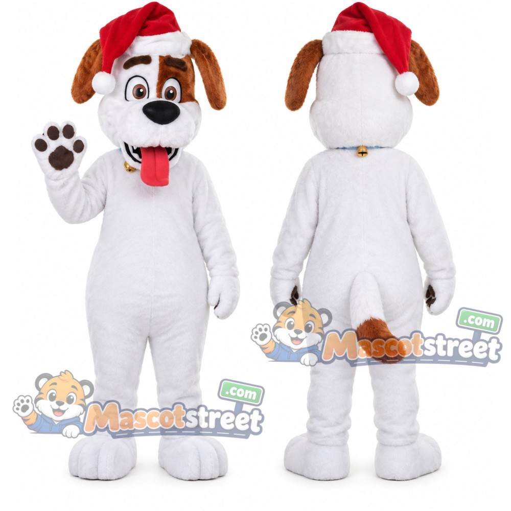 White and Brown Dog Mascot Costume with Santa Hat White and Brown Dog Mascot Costume with Santa Hat