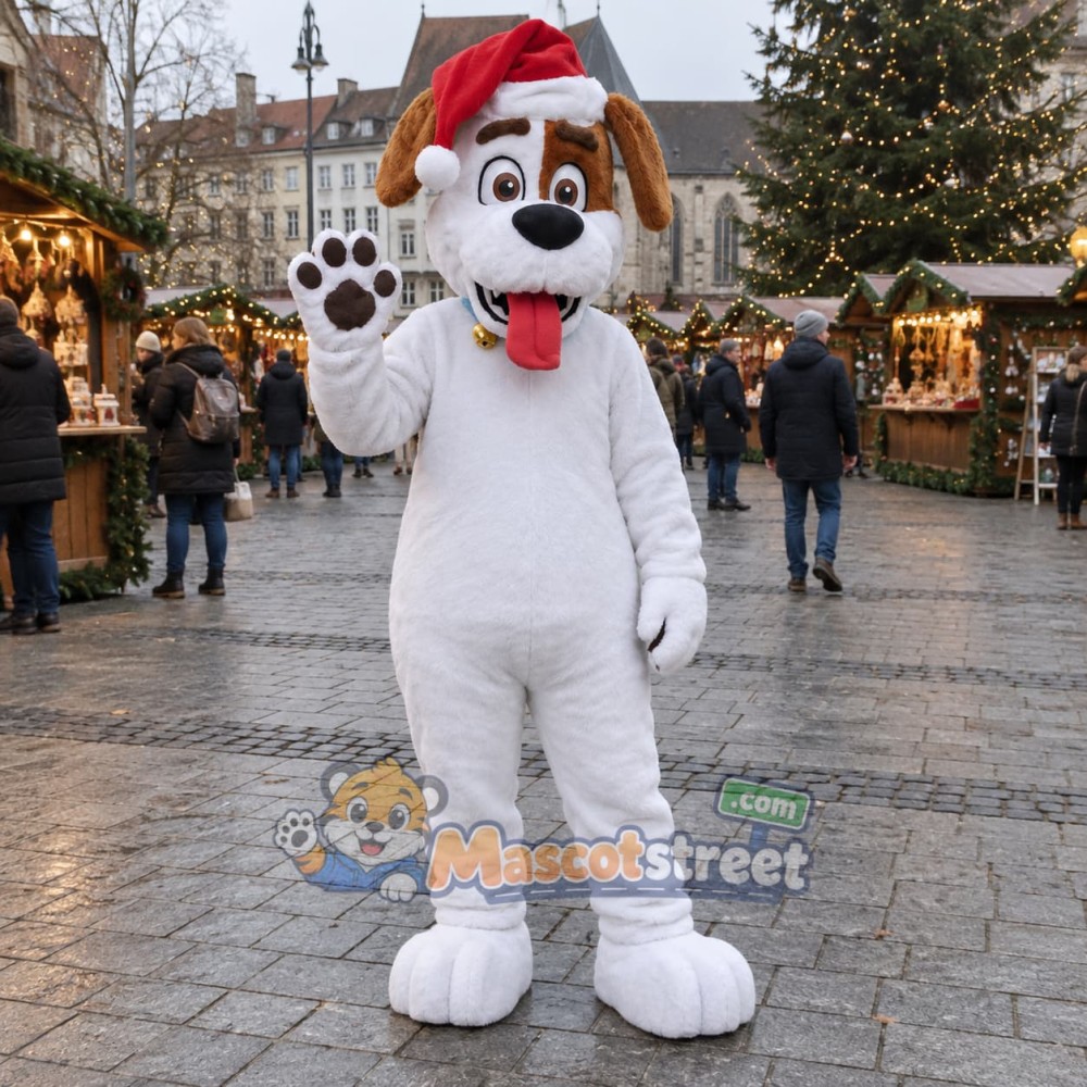 White and Brown Dog Mascot Costume with Santa Hat White and Brown Dog Mascot Costume with Santa Hat