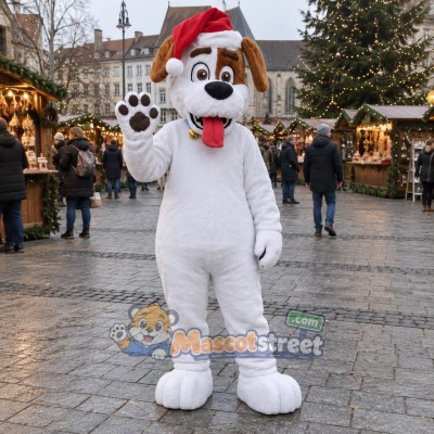 White and Brown Dog Mascot Costume with Santa Hat White and Brown Dog Mascot Costume with Santa Hat