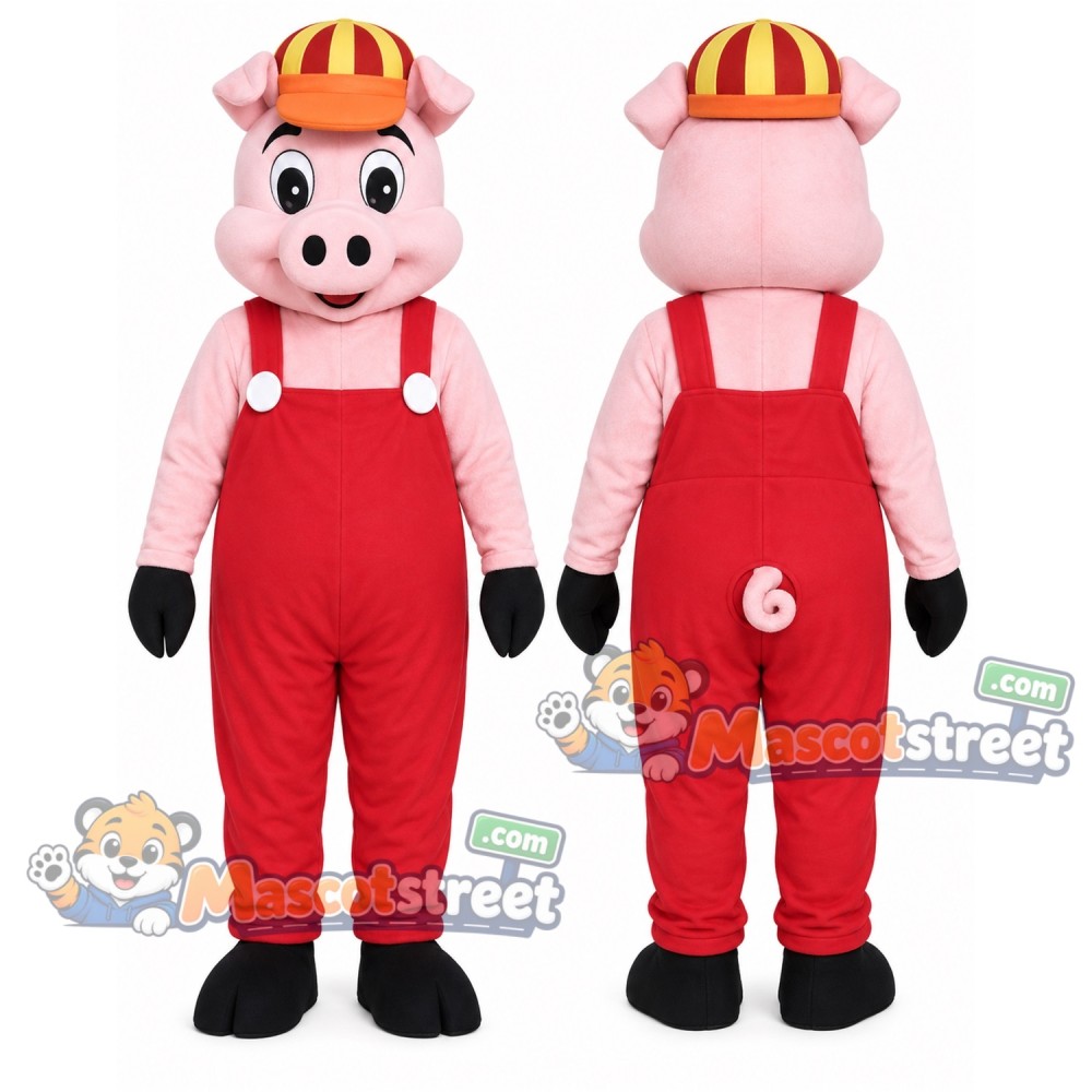 Pink Pig Mascot Costume with Red Overalls and Red Striped Cap