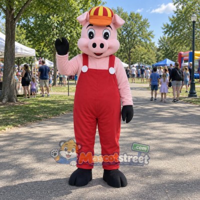 Pink Pig Mascot Costume with Red Overalls and Red Striped Cap