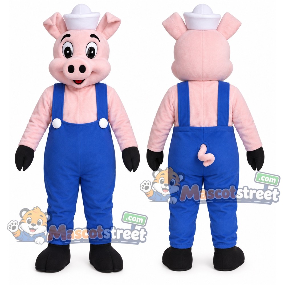 Pink Pig Mascot Costume with Blue Overalls and White Cap Pink Pig Mascot Costume with Blue Overalls and White Cap
