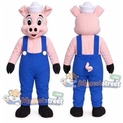 Pink Pig Mascot Costume with Blue Overalls and White Cap Pink Pig Mascot Costume with Blue Overalls and White Cap