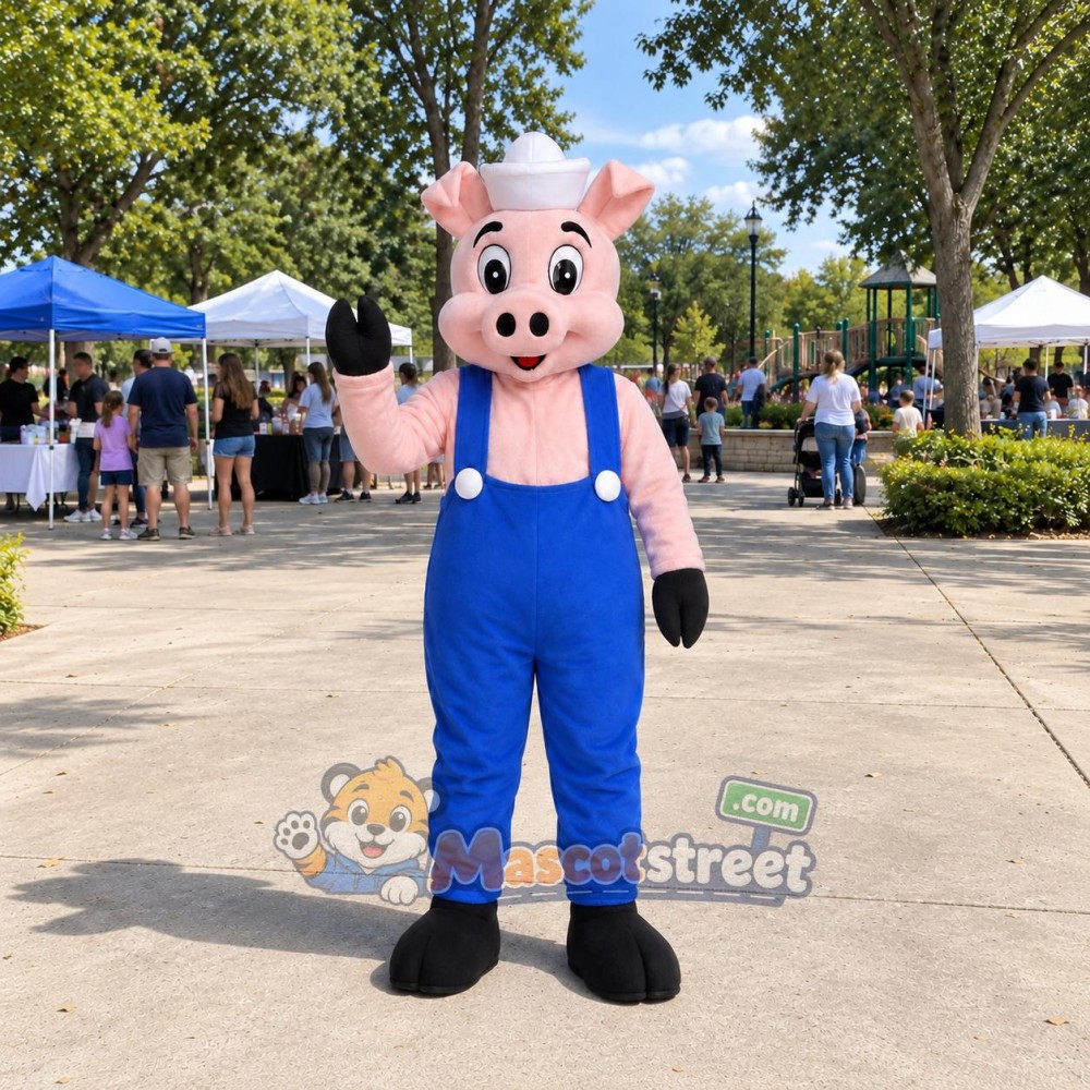 Pink Pig Mascot Costume with Blue Overalls and White Cap Pink Pig Mascot Costume with Blue Overalls and White Cap