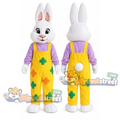 White Rabbit Mascot Costume with Yellow Floral Overalls and Purple Shirt White Rabbit Mascot Costume with Yellow Floral Overalls and Purple Shirt