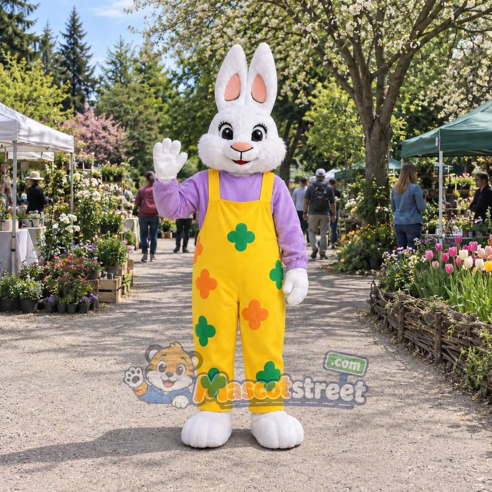 White Rabbit Mascot Costume with Yellow Floral Overalls and Purple Shirt White Rabbit Mascot Costume with Yellow Floral Overalls and Purple Shirt