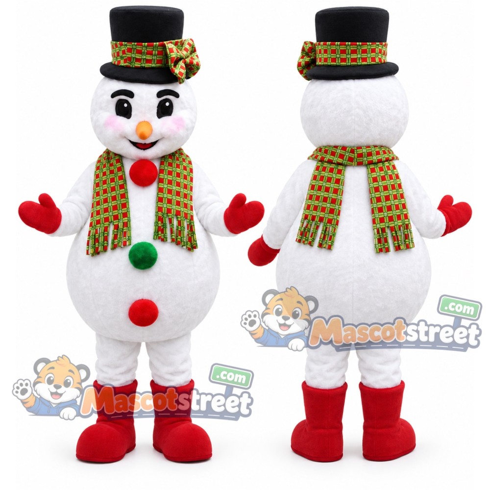 Snowman Mascot Costume with Black Top Hat and Plaid Scarf