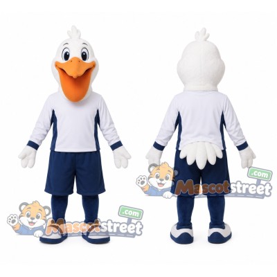White Pelican Mascot Costume with Navy Sports Uniform White Pelican Mascot Costume with Navy Sports Uniform