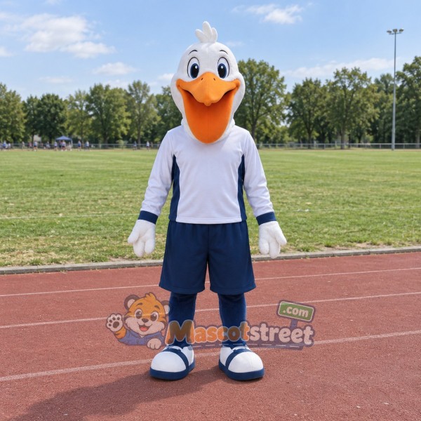 White Pelican Mascot Costume with Navy Sports Uniform