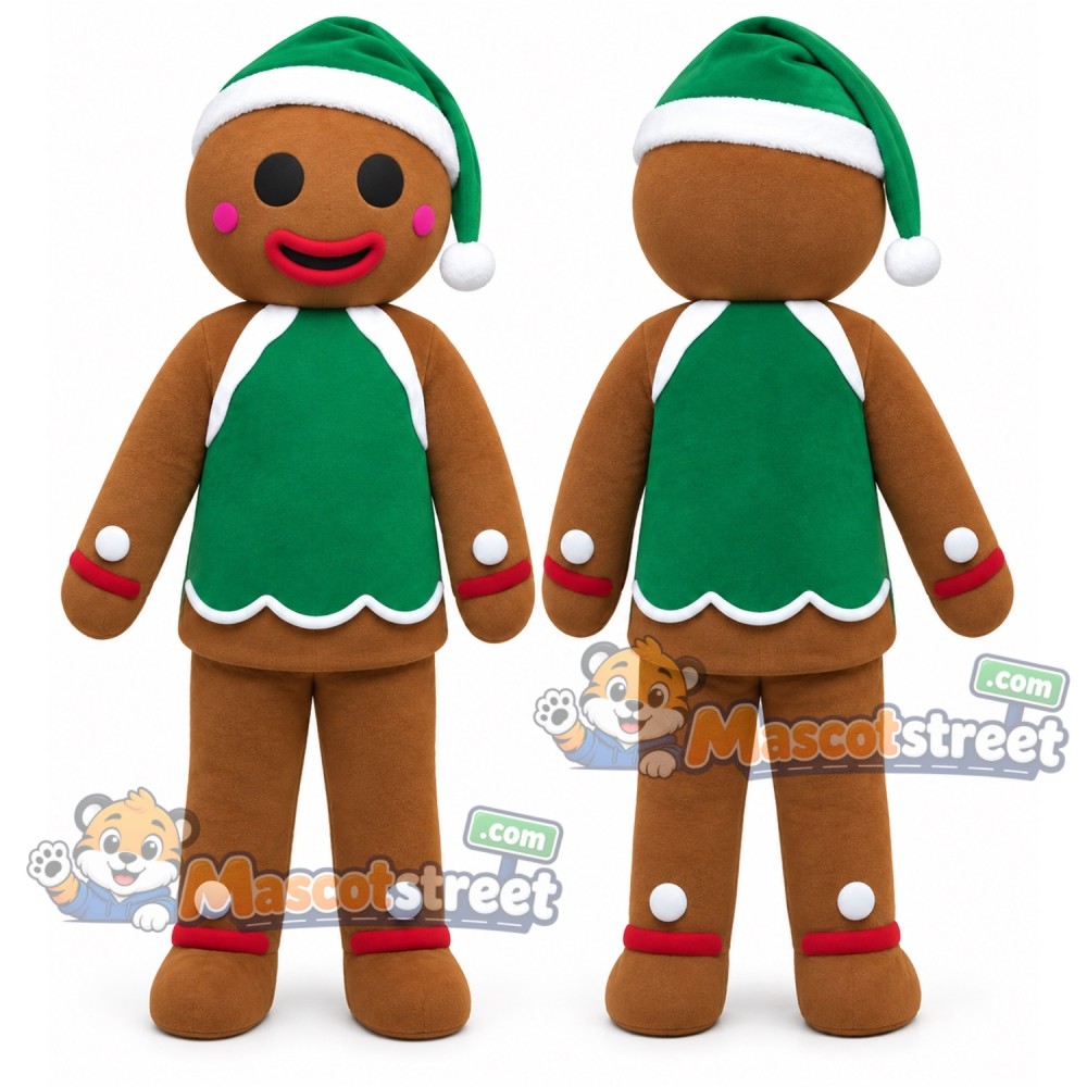 Gingerbread Man Mascot Costume with Green Vest and Green Santa Hat