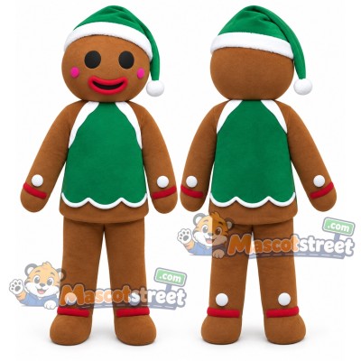 Gingerbread Man Mascot Costume with Green Vest and Green Santa Hat