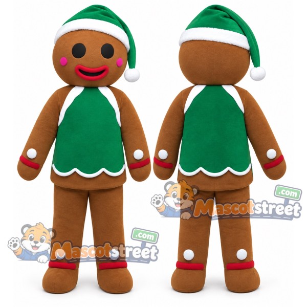Gingerbread Man Mascot Costume with Green Vest and Green Santa Hat