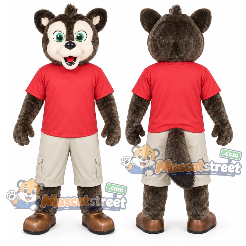 Gray Wolf Mascot Costume with Red Shirt and Beige Shorts Gray Wolf Mascot Costume with Red Shirt and Beige Shorts
