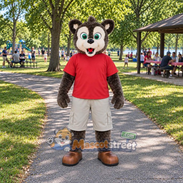 Gray Wolf Mascot Costume with Red Shirt and Beige Shorts