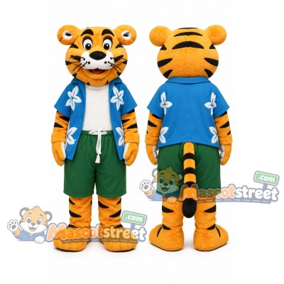 Orange Tiger Mascot Costume with Blue Floral Shirt and Green Shorts Orange Tiger Mascot Costume with Blue Floral Shirt and Green Shorts